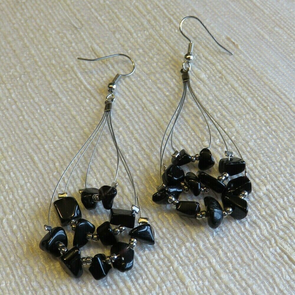 Hand Crafted Black Onyx Gemstone Beads Triple Teardrop Loop 70mm Long Earrings